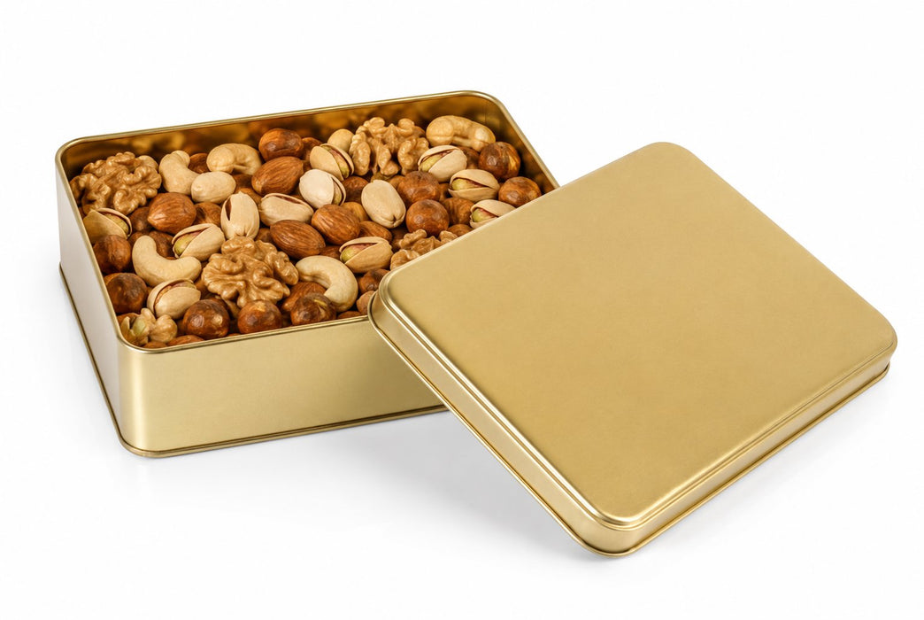550-700 Gr Dikdörtgen Kristal Kapaklı Metal Kuruyemiş Kutusu | 190 × 135 × 45 mm | Tins By Masaş