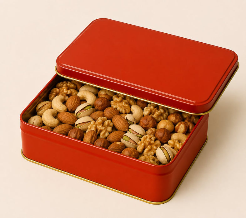 550-700 Gr Dikdörtgen Kristal Kapaklı Metal Kuruyemiş Kutusu | 190 × 135 × 45 mm | Tins By Masaş