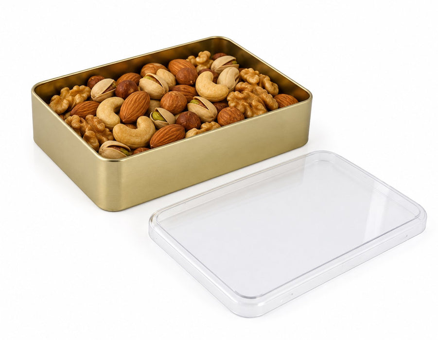 550-700 Gr Dikdörtgen Kristal Kapaklı Metal Kuruyemiş Kutusu | 190 × 135 × 45 mm | Tins By Masaş