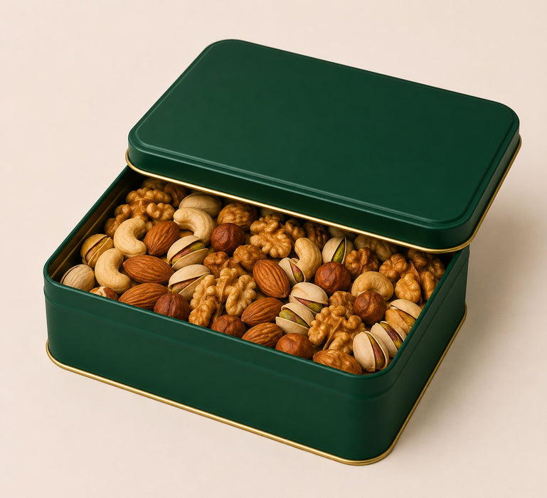 550-700 Gr Dikdörtgen Kristal Kapaklı Metal Kuruyemiş Kutusu | 190 × 135 × 45 mm | Tins By Masaş