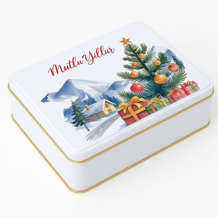 Yılbaşı Temalı Beyaz Dikdörtgen Metal Kutu | 360 Adet