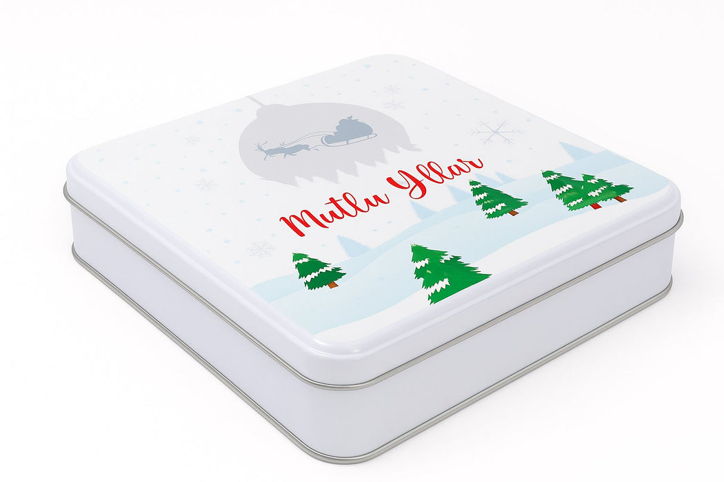 Özelleştirilebilir Baskılı Yılbaşı Temalı Beyaz Kare Metal Kutu | 360 Adet