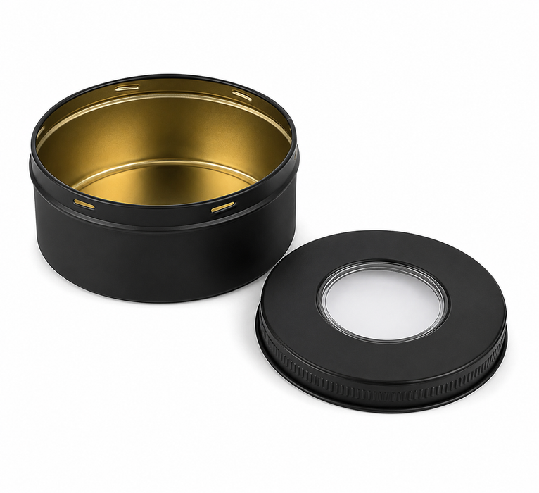 Yuvarlak Siyah Mat Kristal Gözlü Vidalı Metal Kutu | Ø115 × 48 mm | Toptan 420 Adet