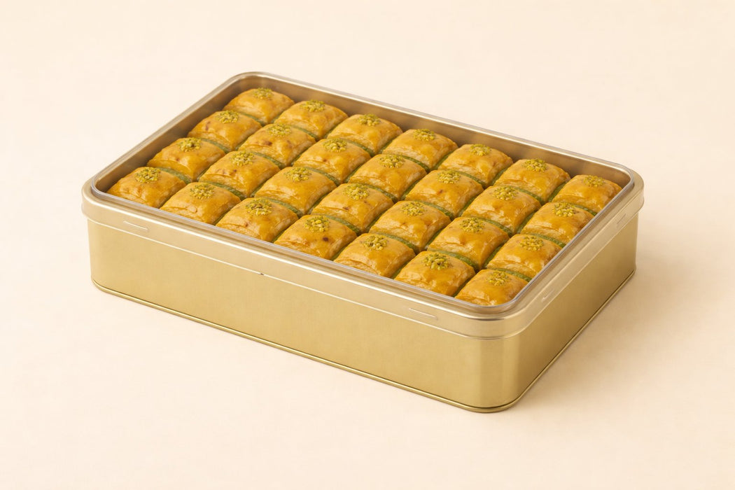 500 Gram Dikdörtgen Altın Kristal Kapaklı Metal Baklava Kutusu | 190 × 135 × 45 mm | Tins By Masaş