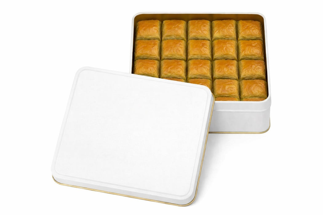 500-750 Gr Kare Beyaz Metal Baklava Kutusu | 180 × 180 × 40 mm | Tins By Masaş