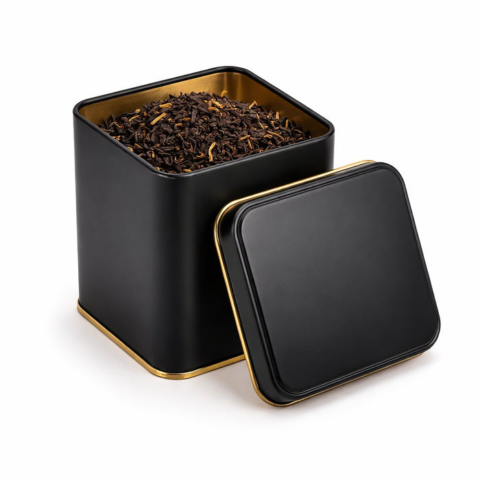 75-100 Gram Kare Siyah Mat İçi Altın Metal Çay Kutusu | 75 × 75 × 92 mm | Tins By Masaş