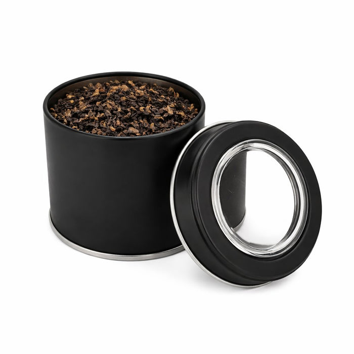 25-50 Gram Yuvarlak Siyah Mat Kristal Gözlü Metal Çay Kutusu | Ø73 × 60 mm | Tins By Masaş