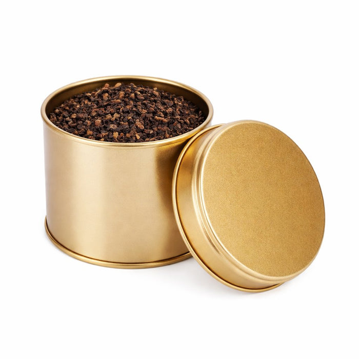 25-50 Gram Yuvarlak Gold Metal Çay Kutusu | Ø73 × 60 mm | Tins By Masaş