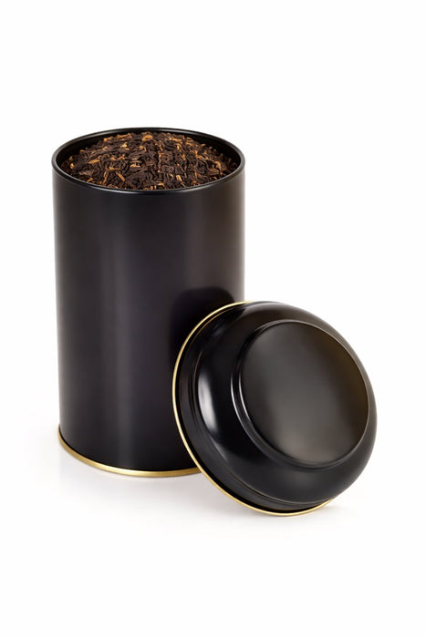 200-250 Gram Yuvarlak Siyah Mat Metal Çay Kutusu | Ø89 × 150 mm | Tins By Masaş