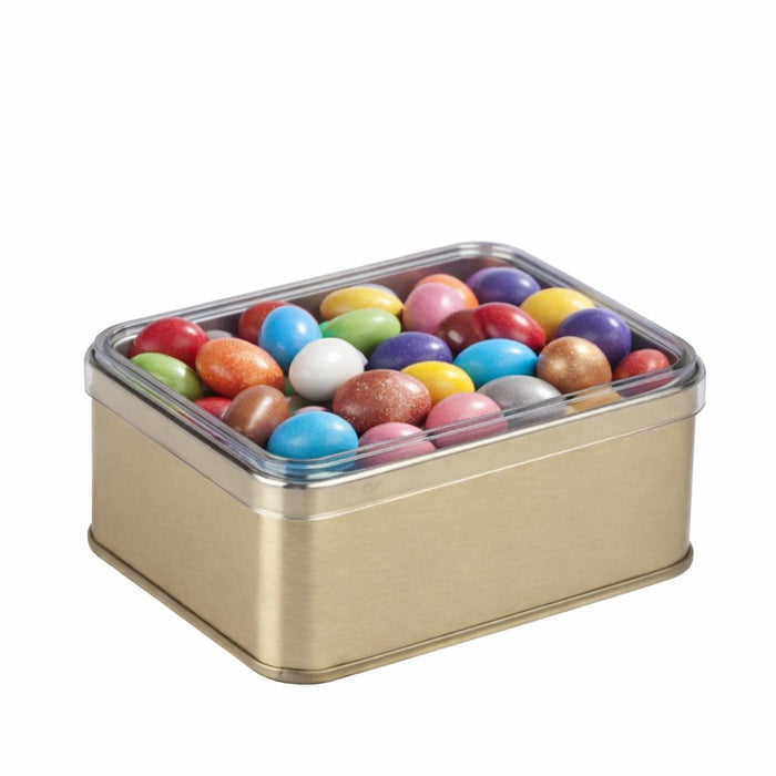 Dikdörtgen Altın Kristal Kapaklı Metal Çikolata Kutusu | 100 × 75 × 35 mm | Tins By Masaş