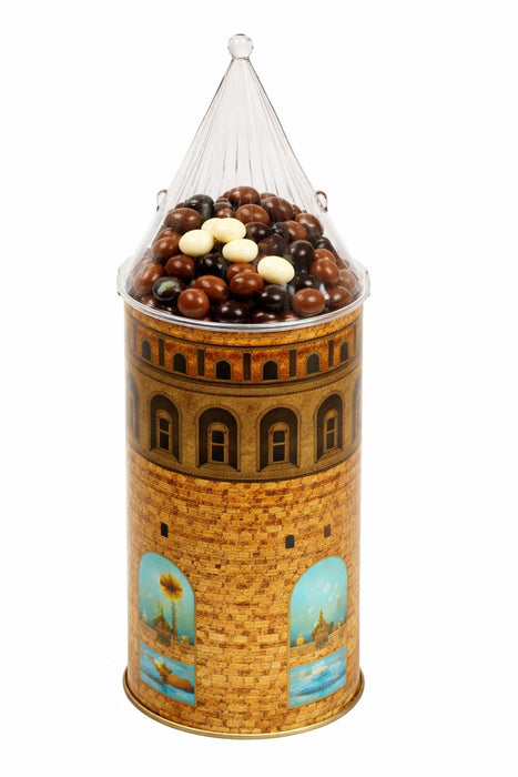 Yuvarlak Galata Desenli Metal Çikolata Kutusu | Ø73 × 140 mm | Tins By Masaş