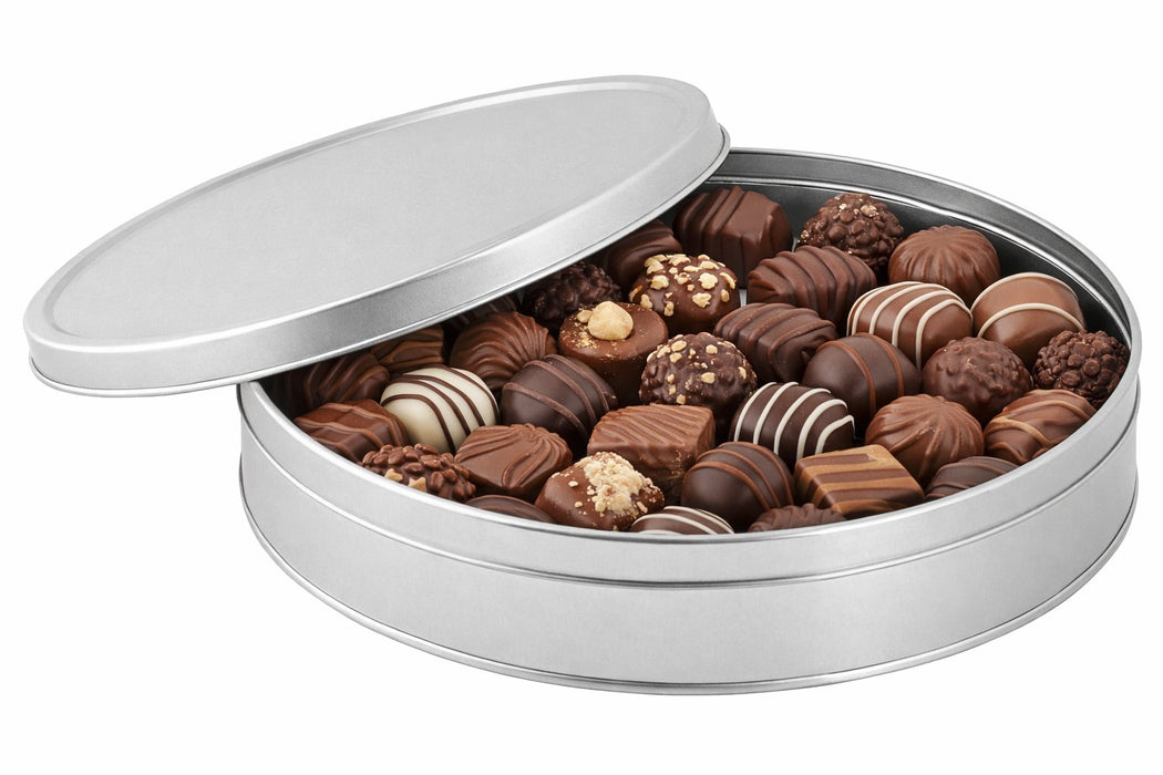 Yuvarlak Gümüş Metal Çikolata Kutusu | Ø265 × 45 mm | Tins By Masaş
