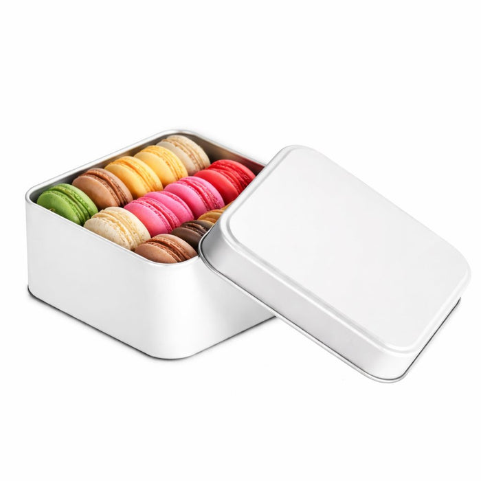 Kare Beyaz Metal Makaron Kutusu | 75 × 75 × 35 mm | Tins By Masaş
