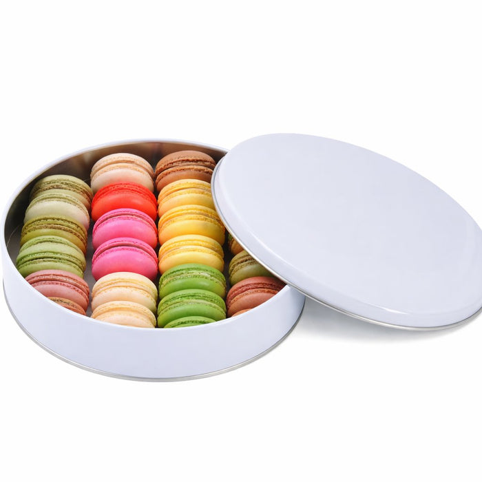 Yuvarlak Metal Makaron Kutusu (Beyaz/Gümüş) | Ø215 × 40 mm | Tins By Masaş
