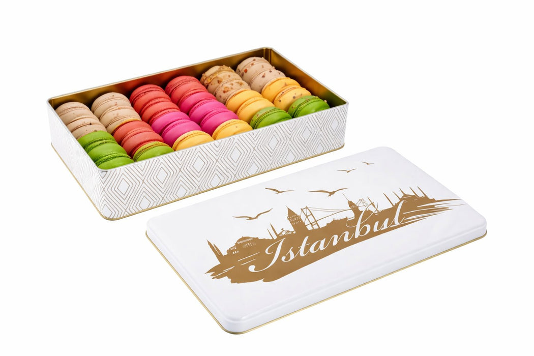 Dikdörtgen Metal Makaron Kutusu (Beyaz/Siyah/Kırmızı/Yeşil/Tramvay Desenli) | 265 × 175 × 45 mm | Tins By Masaş