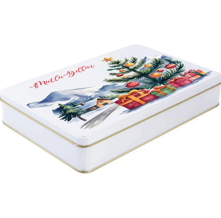 Yılbaşı Temalı Beyaz Dikdörtgen Metal Kutu | 360 Adet