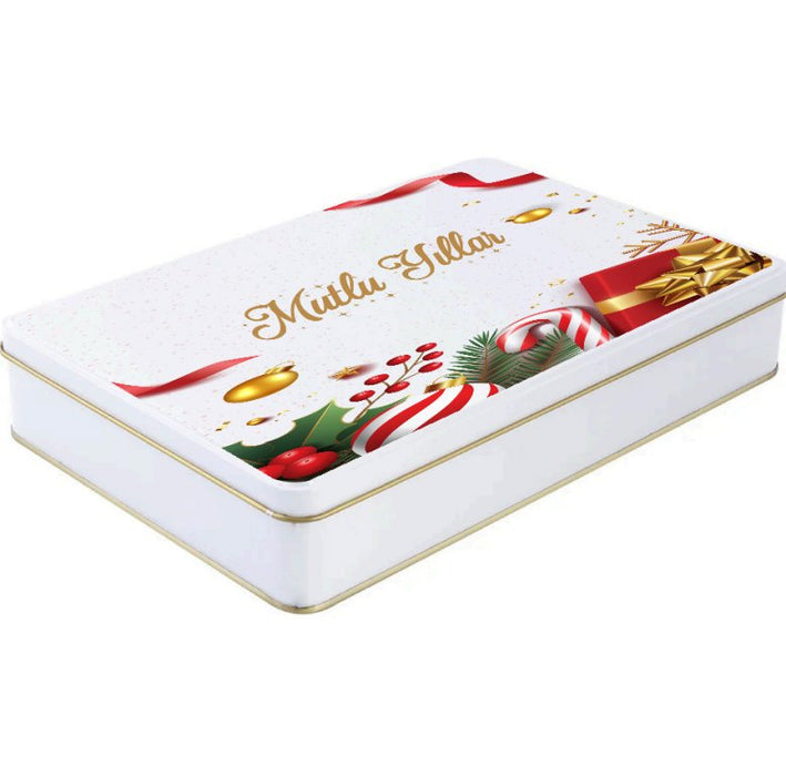Yılbaşı Temalı Beyaz Dikdörtgen Metal Kutu | 360 Adet