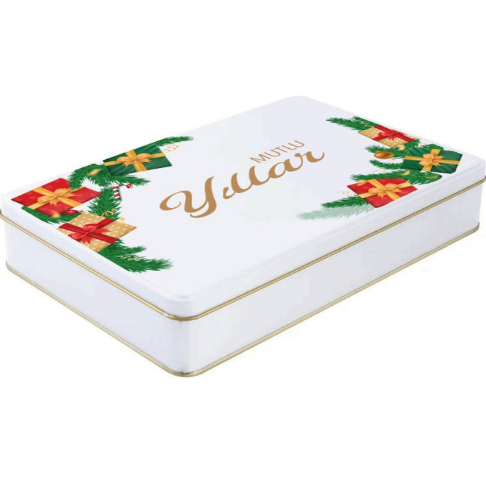 Yılbaşı Temalı Beyaz Dikdörtgen Metal Kutu | 360 Adet