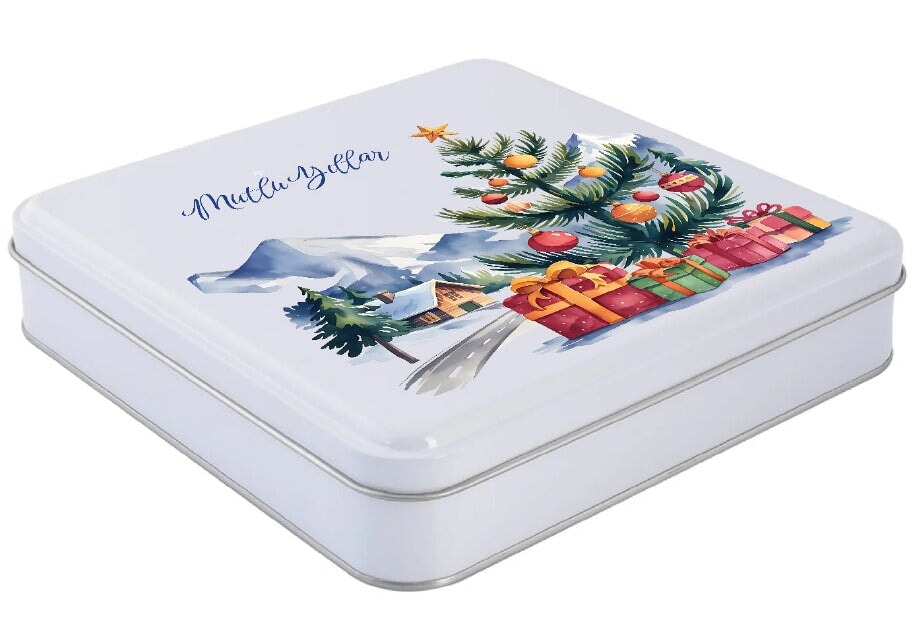 Özelleştirilebilir Baskılı Yılbaşı Temalı Beyaz Kare Metal Kutu | 360 Adet