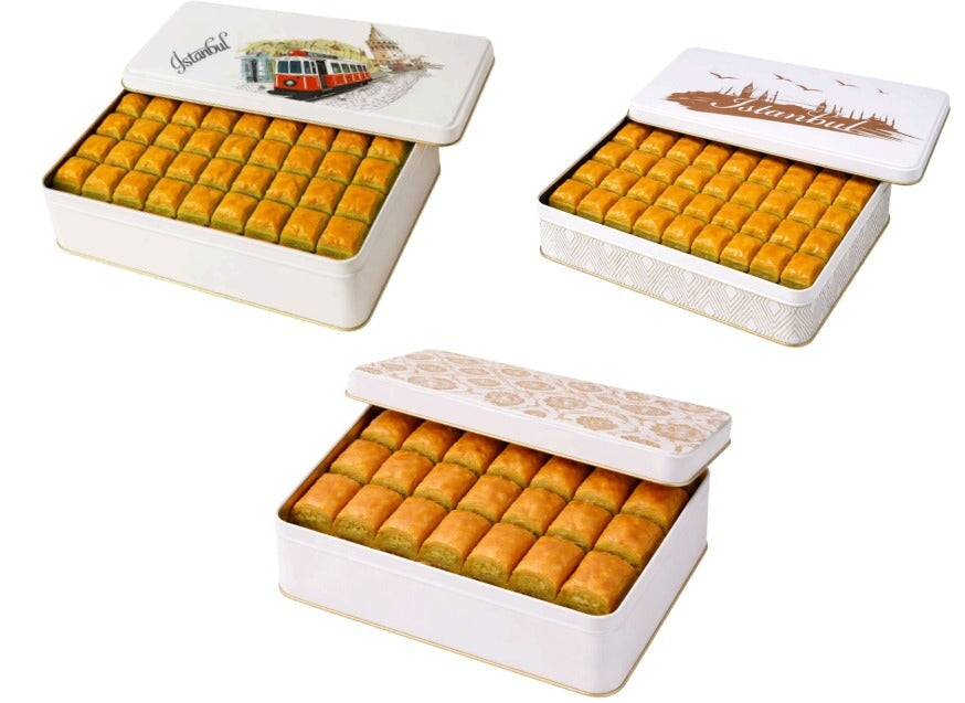 1000-1200 Gr Dikdörtgen Metal Baklava Kutusu Baskılı Karışık Desen | 265 × 175 × 45 mm | Tins By Masaş