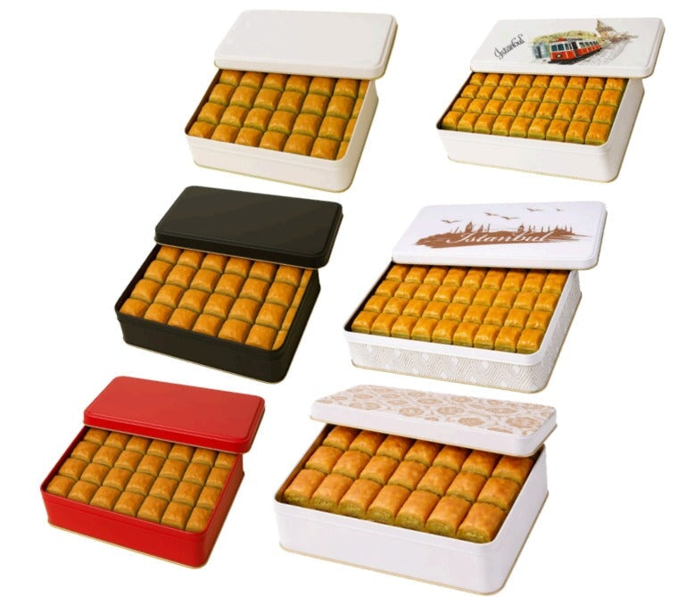 1000-1200 Gr Dikdörtgen Karışık Desenli Metal Baklava Kutusu | 265 × 175 × 45 mm | Tins By Masaş