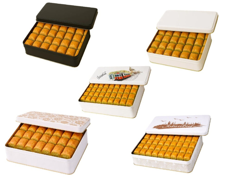 1000-1200 Gr Dikdörtgen Karışık Desenli Metal Baklava Kutusu | 265 × 175 × 45 mm | Tins By Masaş