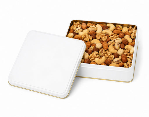700-900 Gr Kare Metal Kuruyemiş Kutusu (Beyaz/Siyah) | 190 × 190 × 40 mm | Tins By Masaş
