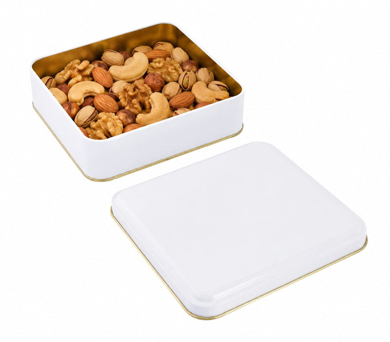 350-550 Gr Kare Metal Kuruyemiş Kutusu (Beyaz/Siyah) | 160 × 160 × 40 mm | Tins By Masaş