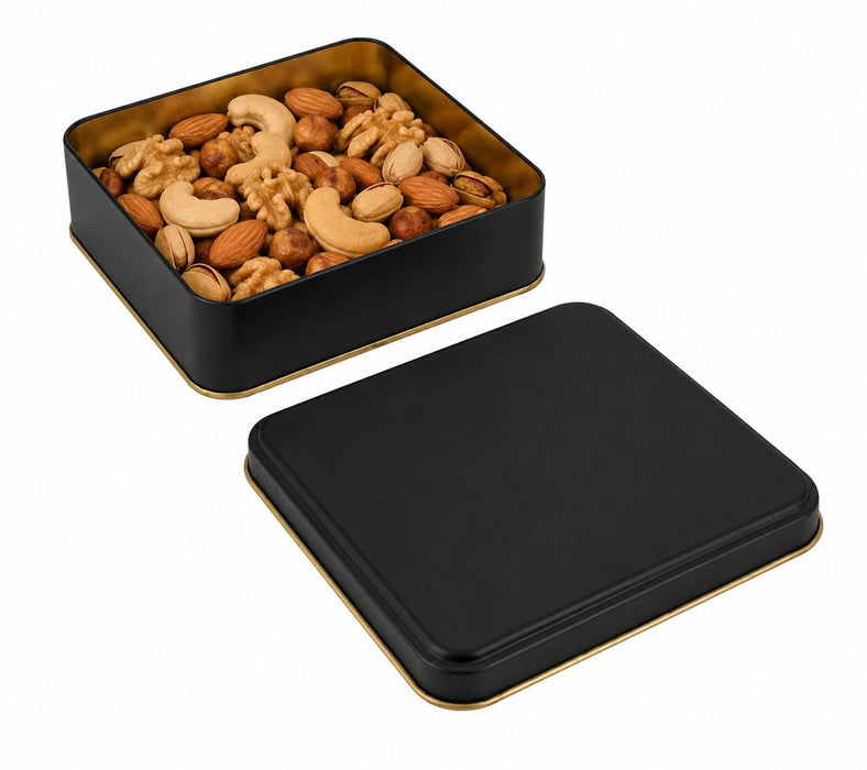350-550 Gr Kare Metal Kuruyemiş Kutusu (Beyaz/Siyah) | 160 × 160 × 40 mm | Tins By Masaş