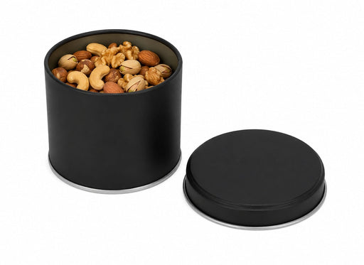 100-150 Gr Yuvarlak Mini Metal Kuruyemiş Kutusu (Siyah/Altın/Gümüş + Pencereli) | Ø73 × 60 mm | Tins By Masaş