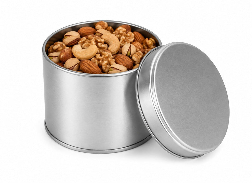 100-150 Gr Yuvarlak Mini Metal Kuruyemiş Kutusu (Siyah/Altın/Gümüş + Pencereli) | Ø73 × 60 mm | Tins By Masaş
