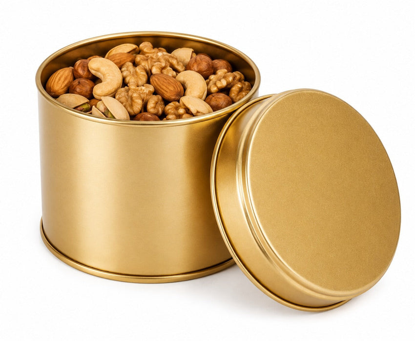 100-150 Gr Yuvarlak Mini Metal Kuruyemiş Kutusu (Siyah/Altın/Gümüş + Pencereli) | Ø73 × 60 mm | Tins By Masaş