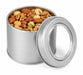 100-150 Gr Yuvarlak Mini Metal Kuruyemiş Kutusu (Siyah/Altın/Gümüş + Pencereli) | Ø73 × 60 mm | Tins By Masaş