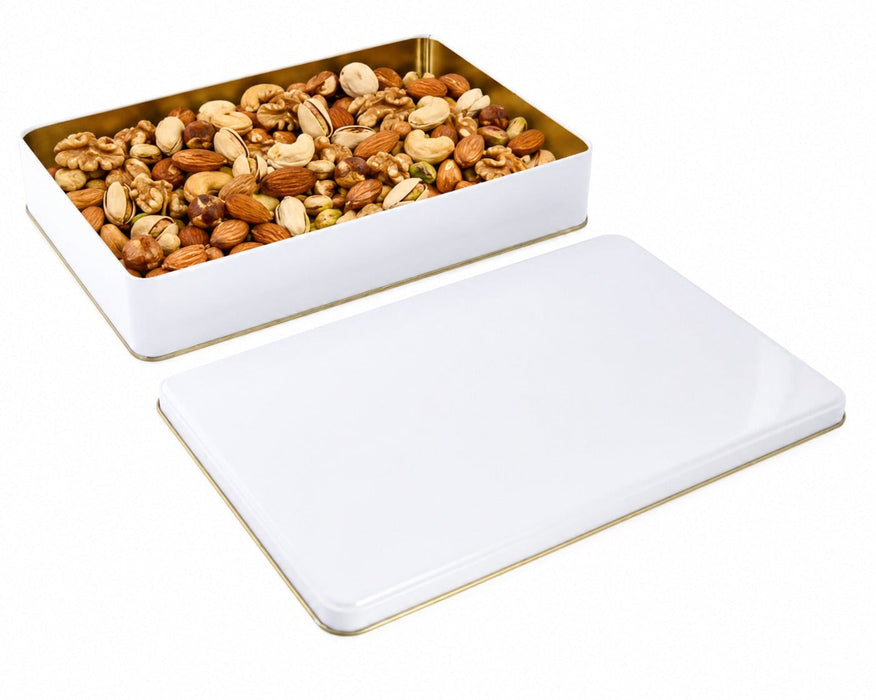 1000-1300 Gr Dikdörtgen Metal Kuruyemiş Kutusu (Beyaz/Siyah/Kırmızı/Yeşil/Çini) | 265 × 175 × 45 mm | Tins By Masaş