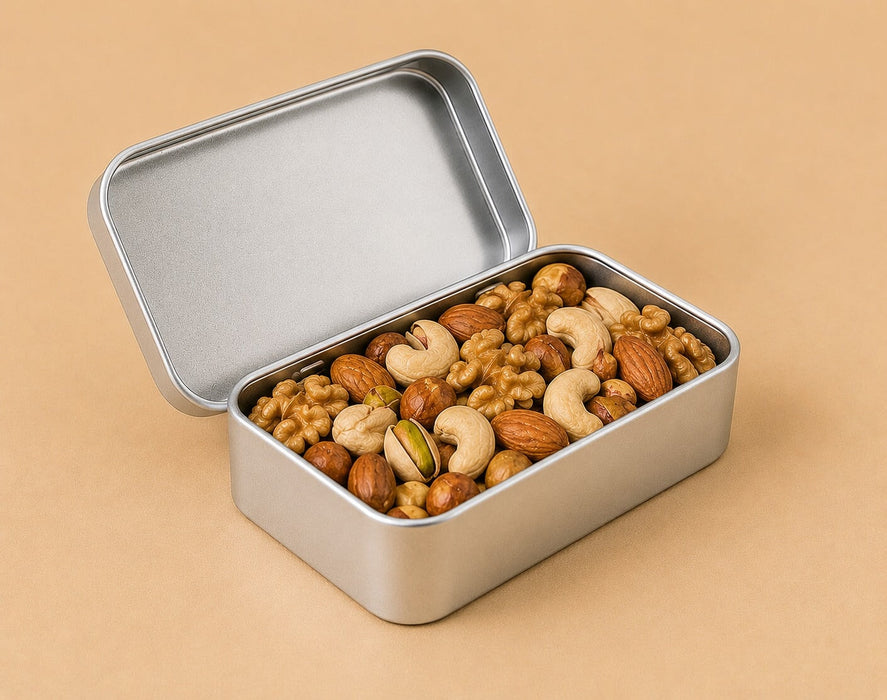 50-100 Gr Dikdörtgen Menteşeli Metal Kuruyemiş Kutusu (Siyah/Gümüş/Beyaz) | 97 × 58 × 22 mm | Tins By Masaş