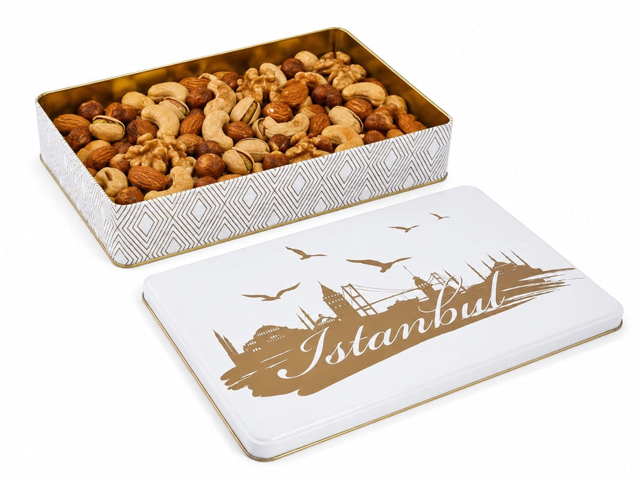 1000-1300 Gr Dikdörtgen Metal Kuruyemiş Kutusu (Beyaz/Siyah/Kırmızı/Yeşil/Çini) | 265 × 175 × 45 mm | Tins By Masaş