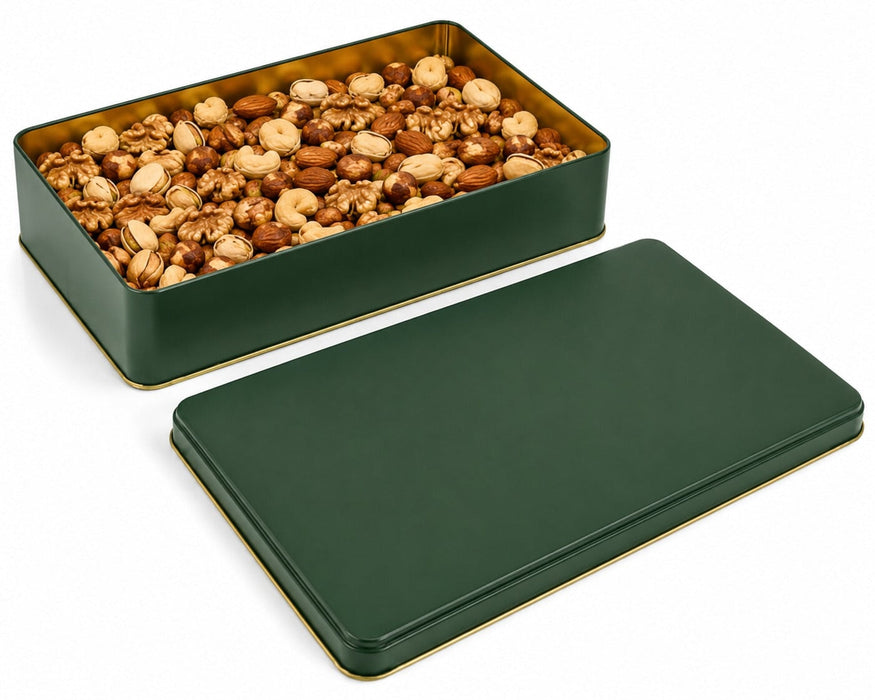 1000-1300 Gr Dikdörtgen Metal Kuruyemiş Kutusu (Beyaz/Siyah/Kırmızı/Yeşil/Çini) | 265 × 175 × 45 mm | Tins By Masaş