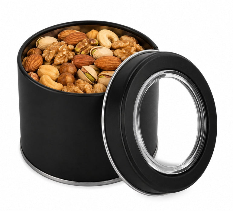 100-150 Gr Yuvarlak Mini Metal Kuruyemiş Kutusu (Siyah/Altın/Gümüş + Pencereli) | Ø73 × 60 mm | Tins By Masaş