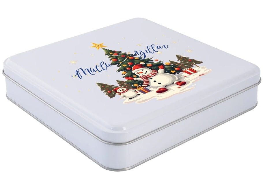 Özelleştirilebilir Baskılı Yılbaşı Temalı Beyaz Kare Metal Kutu | 360 Adet