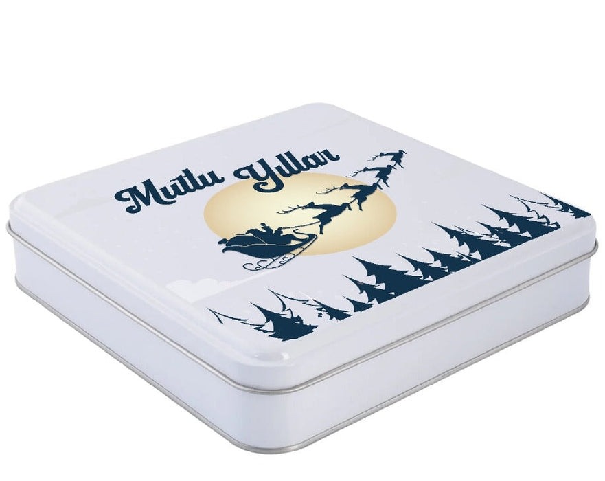 Özelleştirilebilir Baskılı Yılbaşı Temalı Beyaz Kare Metal Kutu | 360 Adet