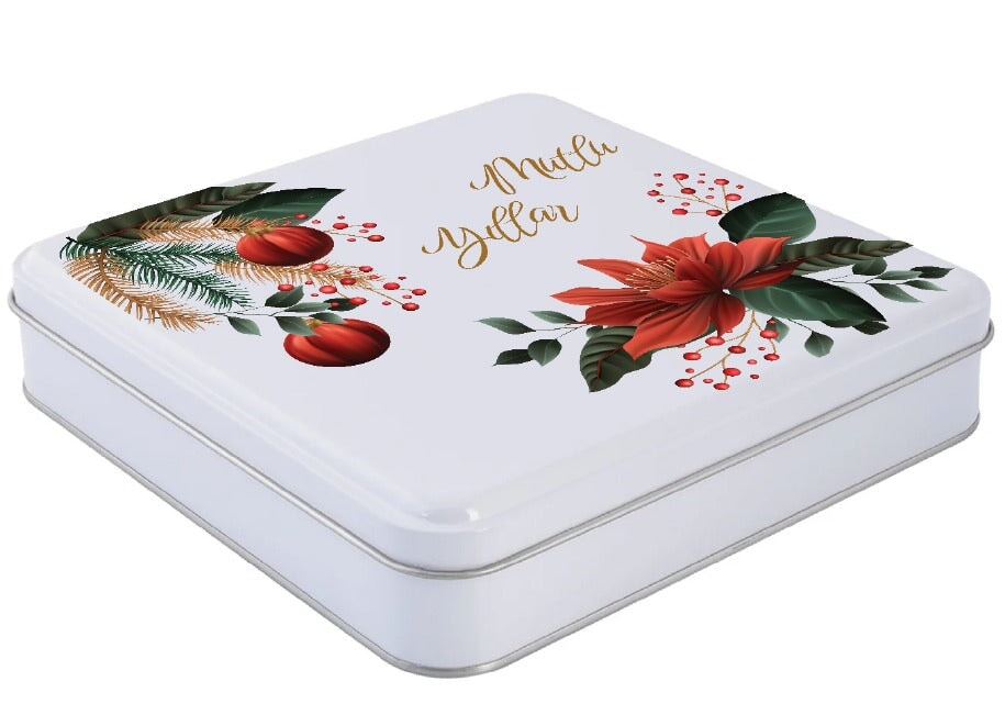 Özelleştirilebilir Baskılı Yılbaşı Temalı Beyaz Kare Metal Kutu | 360 Adet