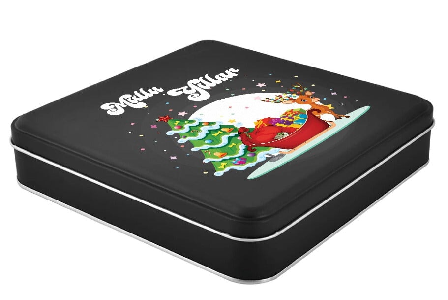 Yılbaşı Temalı Kare Siyah Mat Metal Kutu | 360 Adet