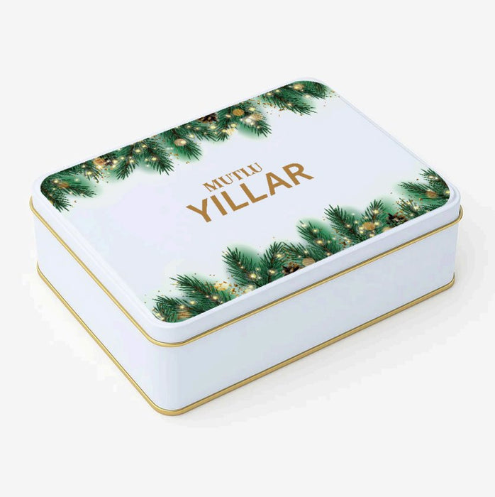 Yılbaşı Temalı Beyaz Dikdörtgen Metal Kutu | 360 Adet