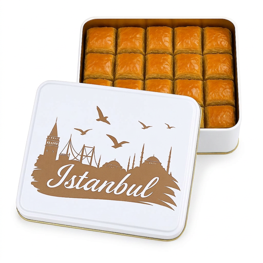 Kare İstanbul desenli metal baklava kutusu — standart ürün görseli
