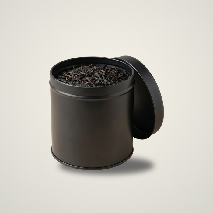200-250 Gram Yuvarlak Siyah Mat Metal Çay Kutusu | Ø99 × 125 mm | Toptan 240 Adet