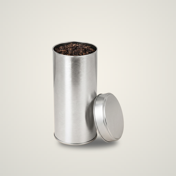 50-75 Gram Yuvarlak Gümüş Metal Çay Kutusu | Ø55 × 150 mm | Toptan 480 Adet