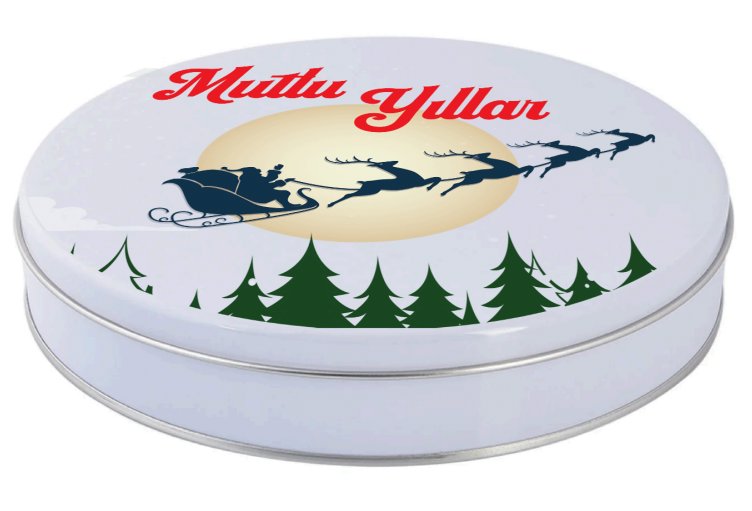 Yılbaşı Temalı Beyaz Yuvarlak Metal Kutu | 360 Adet