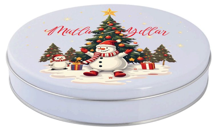Yılbaşı Temalı Beyaz Yuvarlak Metal Kutu | 360 Adet