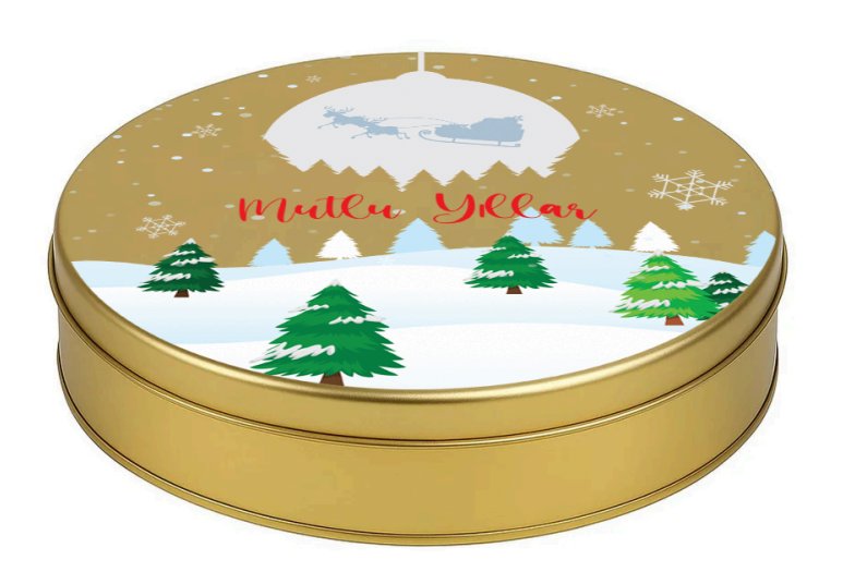 Yılbaşı Temalı Gold Yuvarlak Metal Kutu | 360 Adet