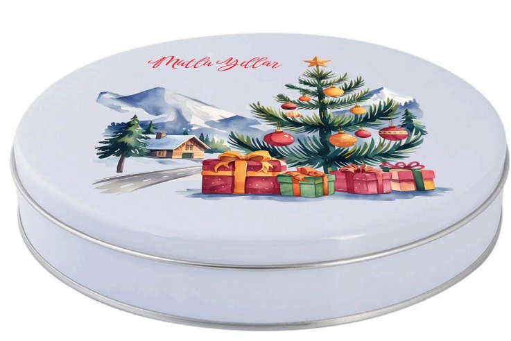 Yılbaşı Temalı Beyaz Yuvarlak Metal Kutu | 360 Adet